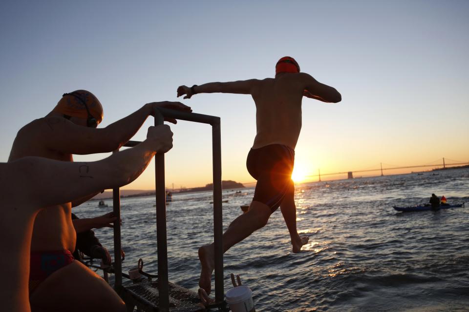 Swimmer with the Dolphin Club leaps into San Francisco Bay near Alcatraz Island during the annual New Year's Day swim to Aquatic Park in San Francisco