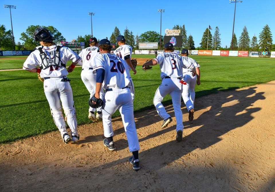 St. Cloud Rox players take the field for the first inning at home of the season Friday, June 3, 2022, at Joe Faber Field in St. Cloud.