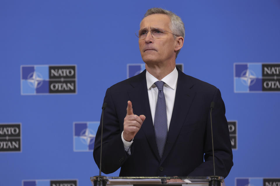 NATO Secretary-General Jens Stoltenberg speaks during a media conference ahead of a meeting of NATO defense ministers at NATO headquarters in Brussels, Monday, Feb. 13, 2023. (AP Photo/Olivier Matthys)