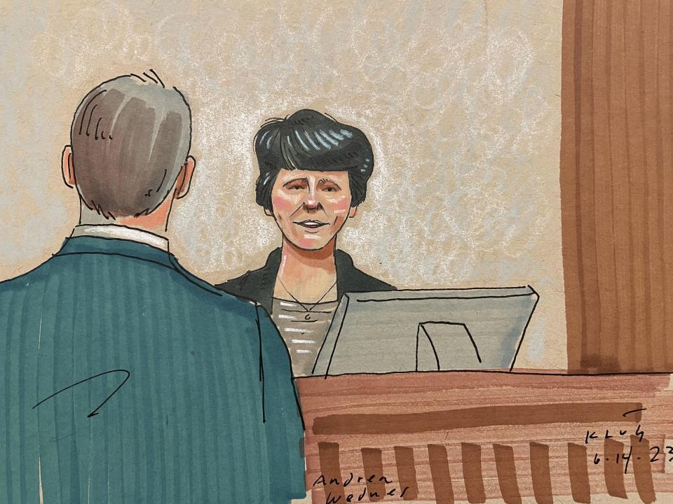 In this courtroom sketch, shooting survivor Andrea Wedner testifies, Wednesday, June 14, 2023, in Pittsburgh, in the federal trial of Robert Bowers. Bowers is accused of shooting to death 11 worshippers in a synagogue more than four years ago, the deadliest antisemitic attack in U.S. history. (David Klug via AP)