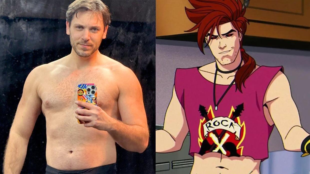 disney voice actor AJ LoCascio shirtless dirty bathroom mirror selfie XMen 97 show character Gambit pink crop top