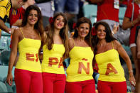 <p>Fans enjoy the atmosphehere before the 2018 FIFA World Cup Russia group B match between Portugal and Spain at Fisht Stadium on June 15, 2018 in Sochi, Russia. (Photo by Chris Brunskill/Fantasista </p>