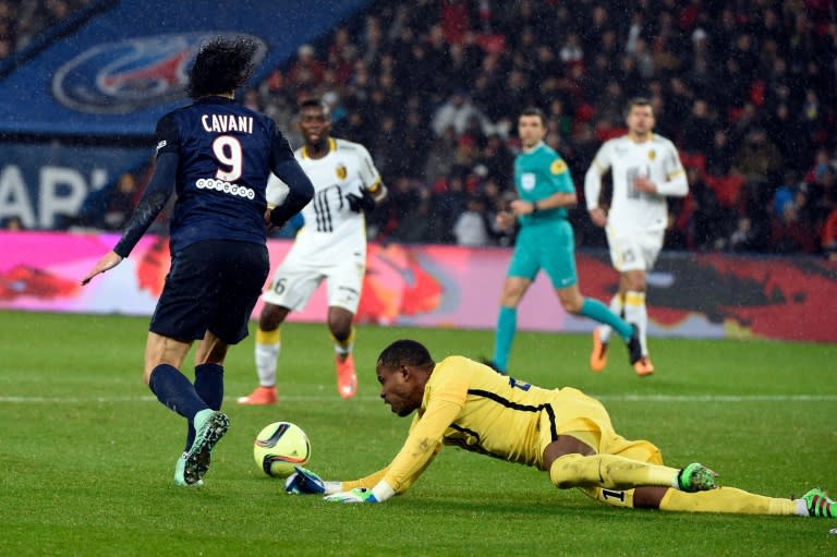 Paris Saint-Germain forward Edinson Cavani (L) vies for the ball with Lille's goalkeeper Vincent Enyeama on February 13, 2016