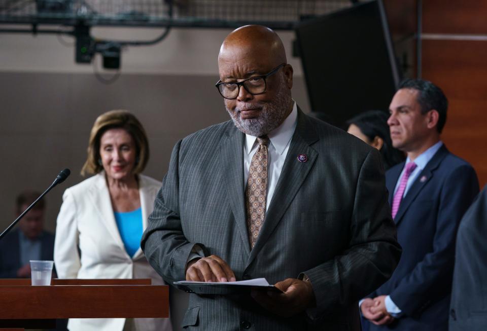 Rep. Bennie Thompson, chairman of the House Homeland Security Committee, flanked by Speaker of the House Nancy Pelosi, D-Calif., and Rep. Pete Aguilar, D-Calif., finishes his remarks as Pelosi announces her appointments to a new select committee to investigate the violent Jan. 6 insurrection at the Capitol, on Capitol Hill in Washington, D.C.