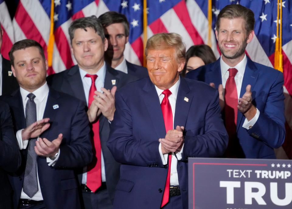 Former President Donald Trump leaves the podium Monday, Jan. 15, 2024, at the Trump caucus night watch party at the Iowa Events Center in Des Moines.