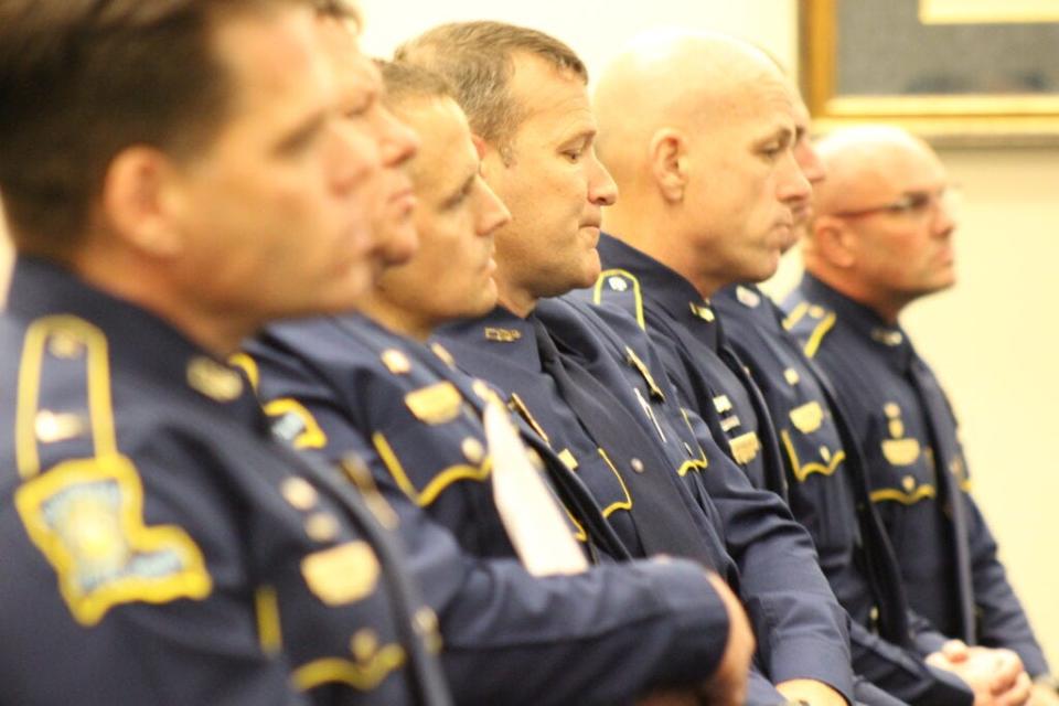 Louisiana State Police commanders and top brass attend the inaugural meeting of the state Senate Select Committee on State Police Oversight on Monday, Dec. 6, 2021.