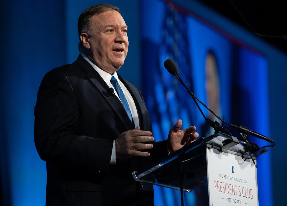 U.S. Secretary of State Mike Pompeo addresses the Heritage Foundation's President's Club meeting in Washington, D.C., on Oct. 22, 2019. (Photo: Nicholas Kamm/AFP via Getty Images)