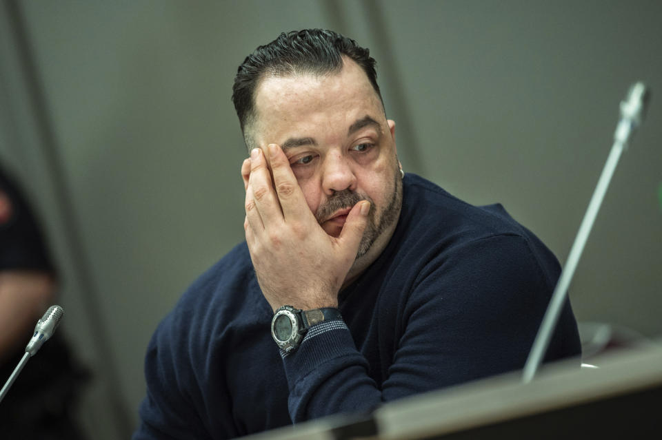 Former nurse Niels Hoegel, accused of multiple murder and attempted murder of patients, attends a session of the district court in Oldenburg, Germany, Wednesday, June 5, 2019. (Mohssen Assanimoghaddam/dpa via AP, Pool)