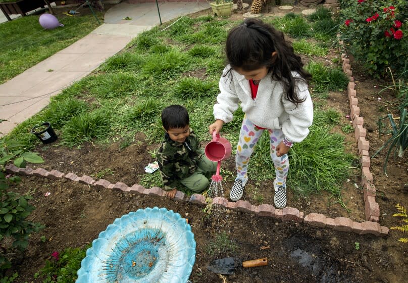 EAST LOS ANGELES, CA-MAY 20, 2022: Erick Garcia, 2, watches as his sister Aryanna, 6, waters newly planted watermelon seeds