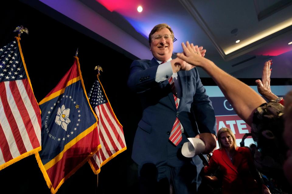 Mississippi Republican Gov. Tate Reeves greets supporters before addressing them at his gubernatorial reelection watch party in Flowood, Miss., Tuesday, Nov. 7, 2023.