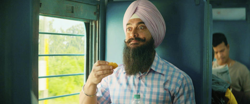 This image released by Paramount Pictures shows Aamir Khan in a scene from "Laal Singh Chaddha." (Paramount via AP)