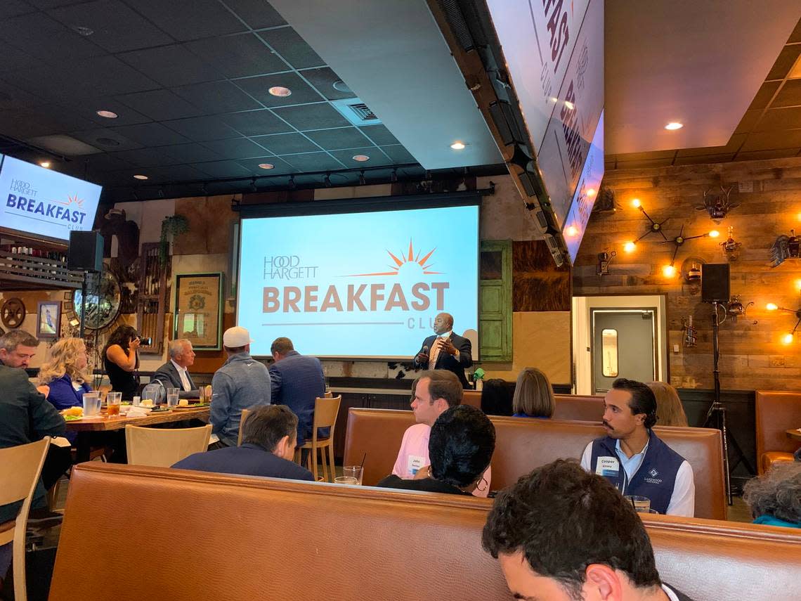 North Carolina Lt. Gov. Mark Robinson, the Republican nominee for governor, speaks to the Hood Hargett Breakfast Club in Charlotte on Tuesday, Sept. 17.