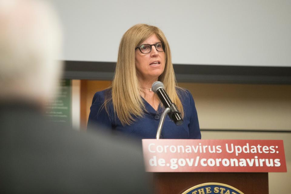 Director of the Division of Public Health Dr. Karyl Rattay speaks during a press conference on the state's response to coronavirus Monday at Christiana Care. 