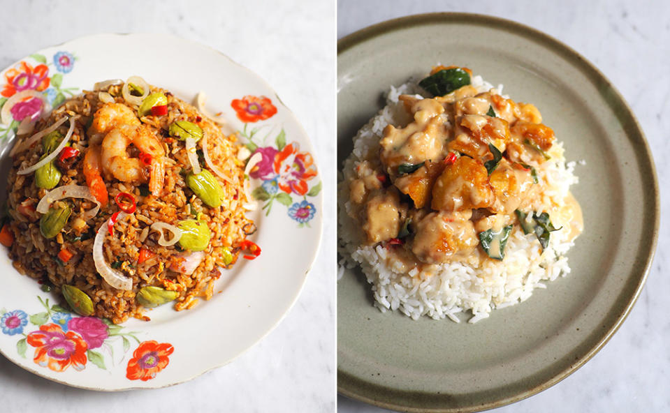 The cafe also serves various fried rice dishes like this 'petai' fried rice that is not overly spicy (left). You can select dishes with various types of proteins cooked in different styles to pair with rice like this buttermilk chicken (right).