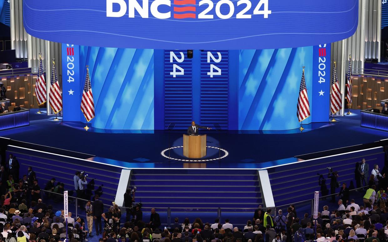 Chairman of the Democratic National Committee, Jaime R. Harrison, addresses the attendees on the opening night of the Democratic National Convention