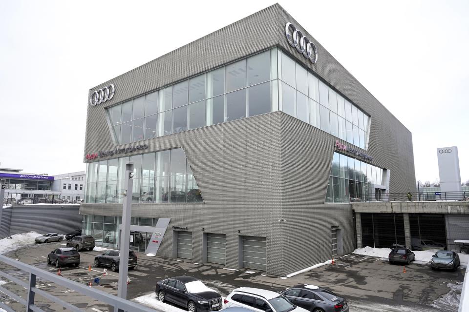 A view of the Audi Center Altufievo one of 36 dealerships of Avtodom in Moscow, St. Petersburg and Krasnodar, in Moscow, Russia, Friday, March 10, 2023. The auto industry is facing bigger hurdles to adapt. Western automakers, including Volkswagen and Mercedes-Benz, have left Russia. Foreign cars are still available but far fewer of them and for higher prices, said Andrei Olkhovsky, CEO of Avtodom, which has 36 dealerships in Moscow, St. Petersburg and Krasnodar. (AP Photo/Alexander Zemlianichenko)