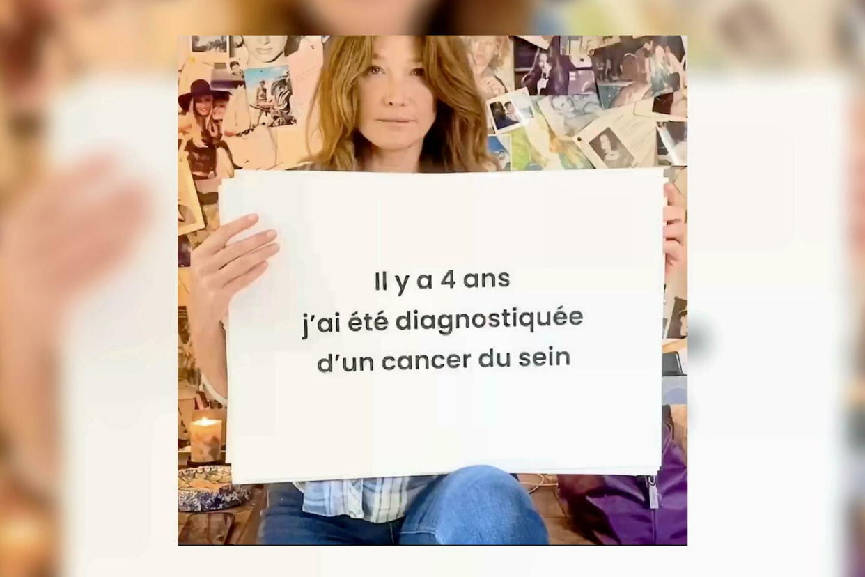 Carla Bruni s'est confiée pour la première fois sur son cancer du sein, dans une vidéo publiée sur ses réseaux sociaux.  - Credit:Capture Instagram