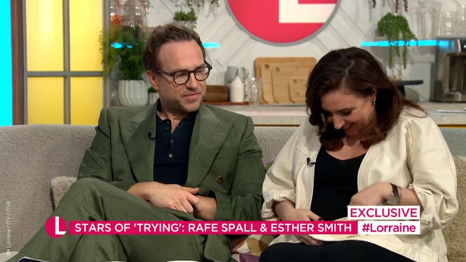 Rafe Spall and Esther Smith announce they are having a baby on TV. (ITV screengrab)