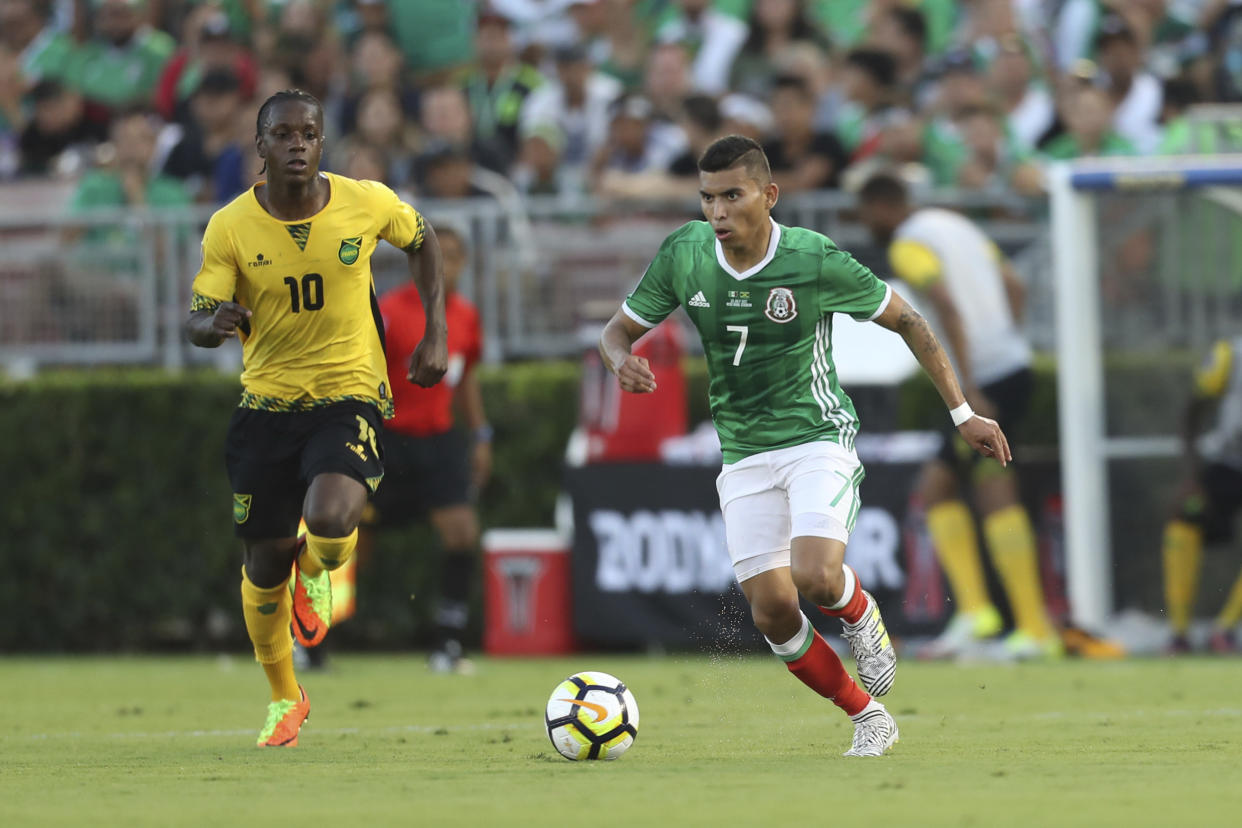 PASADENA, US - JULY 23: Orbelin Pineda of Mexico drives the ball during a match between Mexico and Jamaica as part of CONCACAF Gold Cup Semifinal at Rose Bowl Stadium on July 23, 2017 in Pasadena, California, US. (Photo by Omar Vega/LatinContent via Getty Images)
