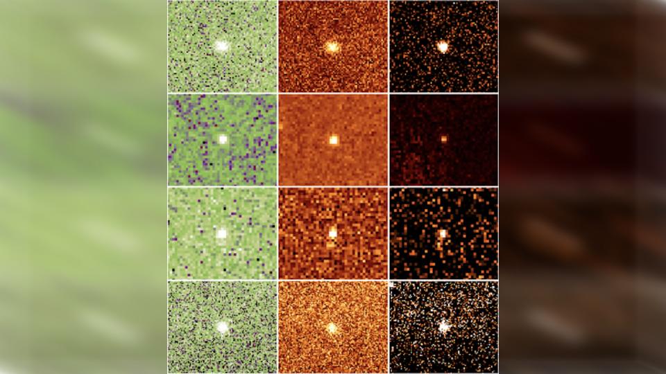 a collection of eight images showing a red asteroid as a bright point in the center of a grainy image.