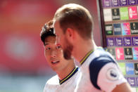 SOUTHAMPTON, ENGLAND - SEPTEMBER 20: Heung-Min Son and Harry Kane of Tottenham Hotspur talk to the media after the Premier League match between Southampton and Tottenham Hotspur at St Mary's Stadium on September 20, 2020 in Southampton, England. (Photo by Tottenham Hotspur FC/Tottenham Hotspur FC via Getty Images)