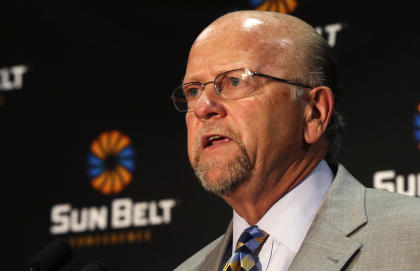 Sun Belt Commissioner Karl Benson talks during the Sun Belt media day in New Orleans, Tuesday, July 22, 2014. (AP Photo)