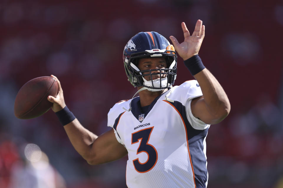 Denver Broncos quarterback Russell Wilson (3) warms up before an NFL preseason football game against the San Francisco 49ers in Santa Clara, Calif., Saturday, Aug. 19, 2023. (AP Photo/Jed Jacobsohn)