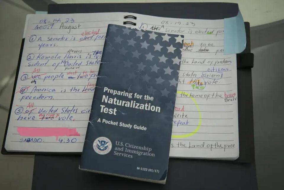 Carmen Ramirez's notes in her Baytown home on Thursday, August 24, 2023. Ramirez, originally from Colombia, takes weekly English classes and studies the U.S. Citizenship and Immigration Services guides in preparation for the naturalization test.