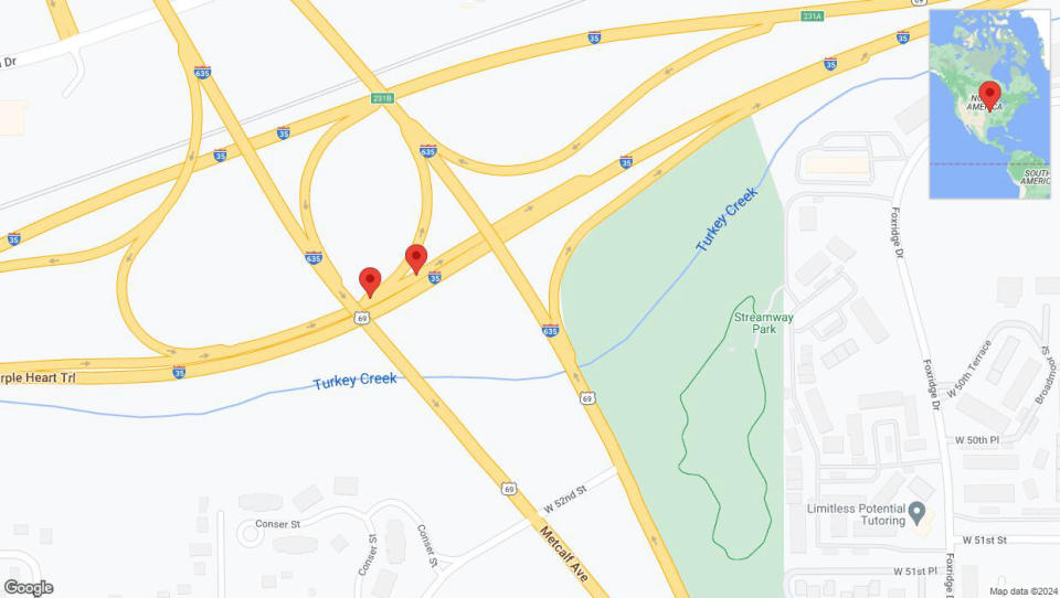 A detailed map that shows the affected road due to 'Broken down vehicle on Purple Heart Trail in Overland Park' on January 2nd at 4:01 p.m.