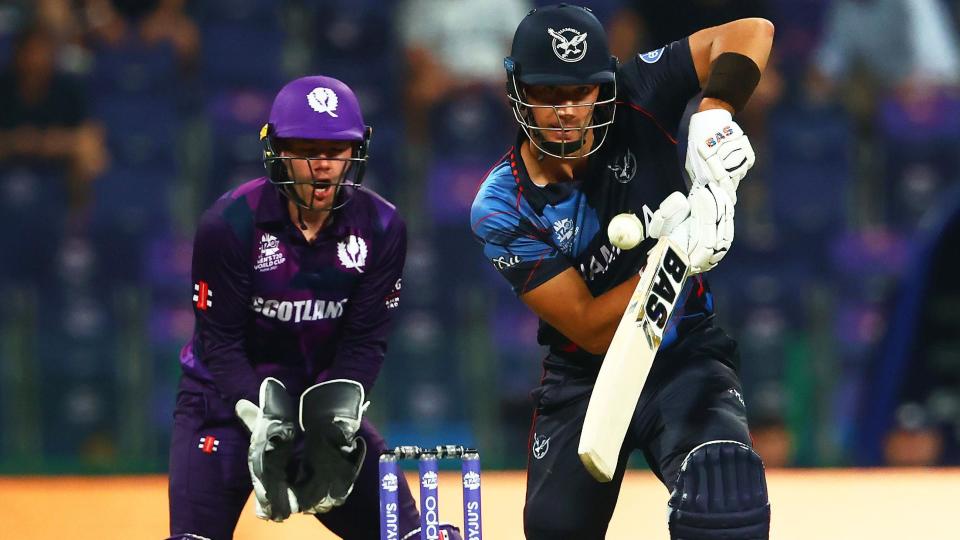 Scotland wicketkeeper Matthew Cross and Namibia batter JJ Smit