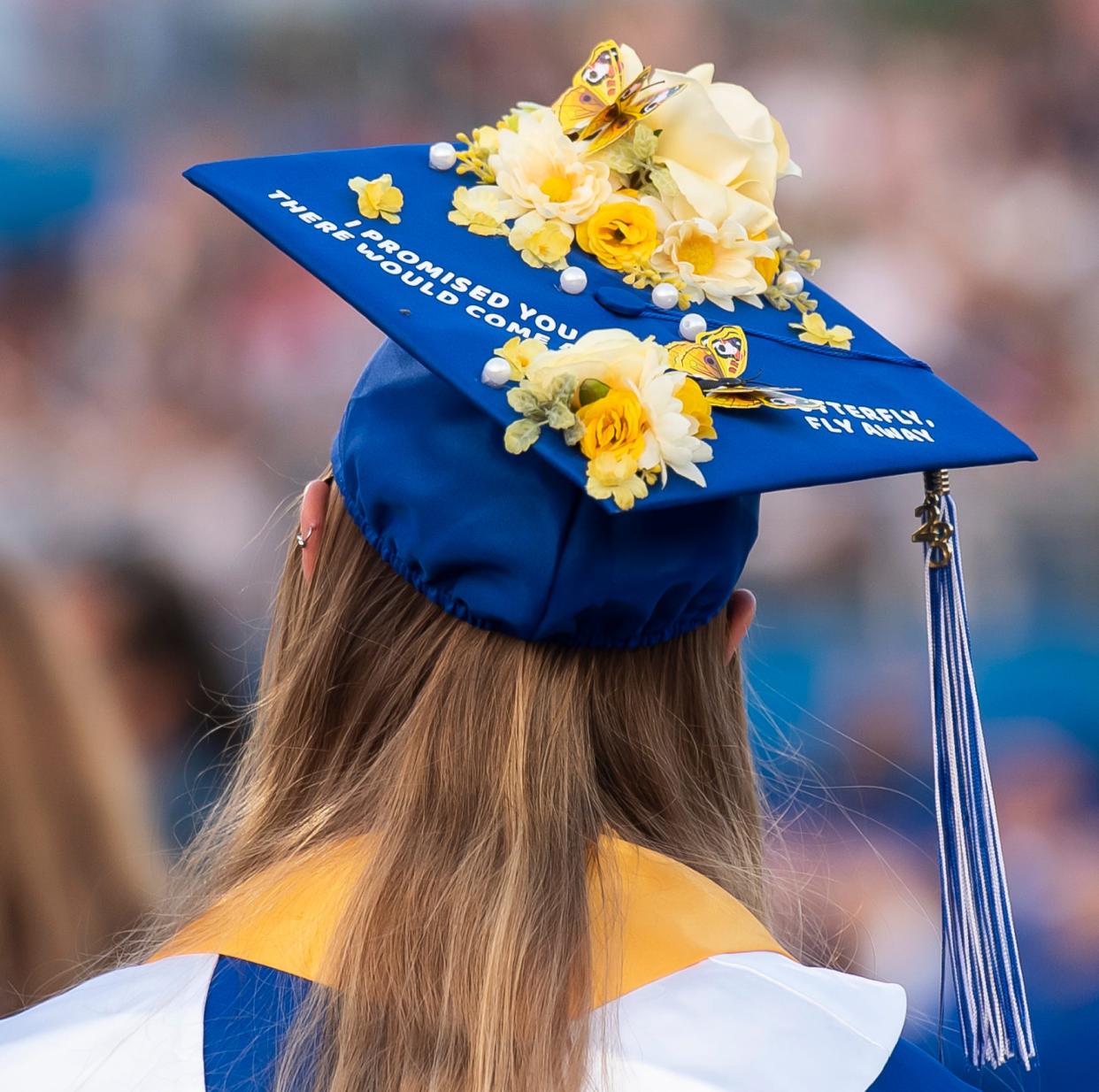 The decorated mortar board of Charlee Kurtz, class treasurer, can be seen during Spring Grove Area High School's commencement ceremony at Papermakers Stadium on June 2, 2023, in Jackson Township.