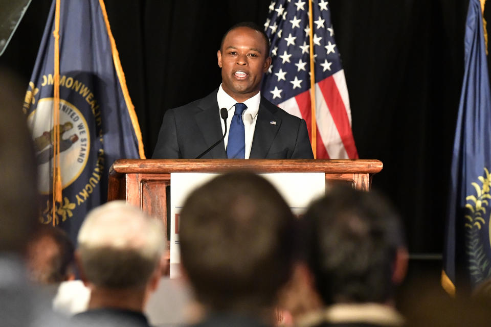 Kentucky Attorney General Daniel Cameron speaks to supporters following his victory in the republican primary in Louisville, Ky., Tuesday, May 16, 2023. (AP Photo/Timothy D. Easley)