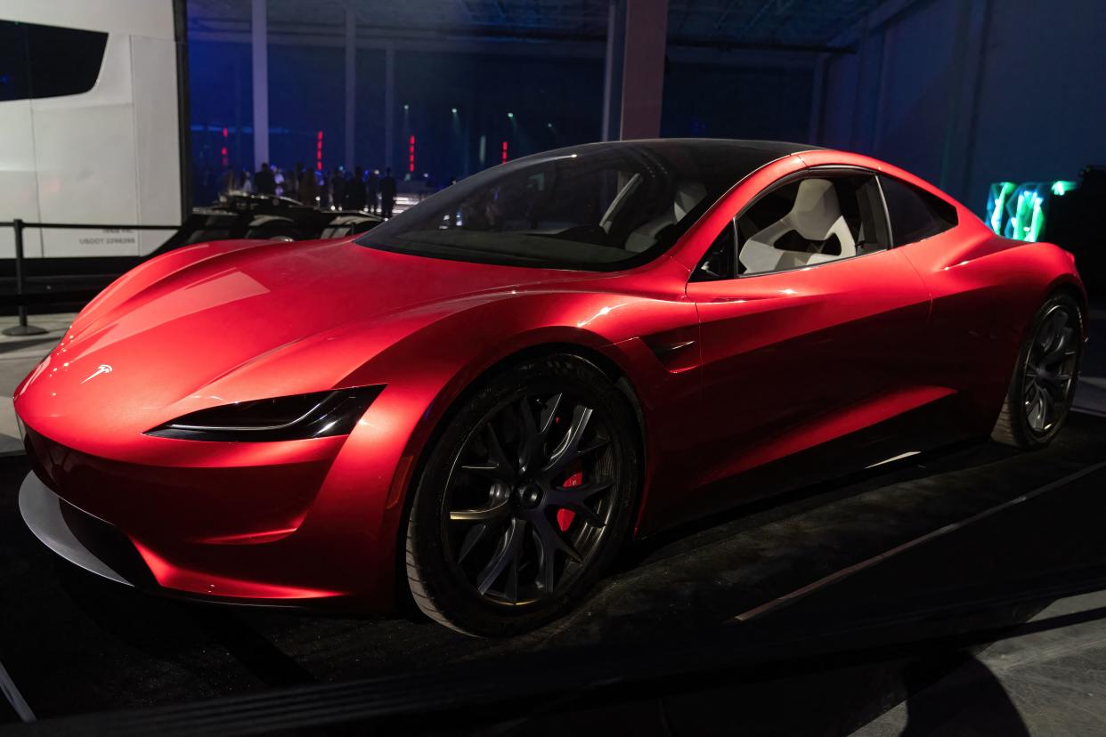 The Tesla Roadster is on display at the Tesla Giga Texas manufacturing facility during the 