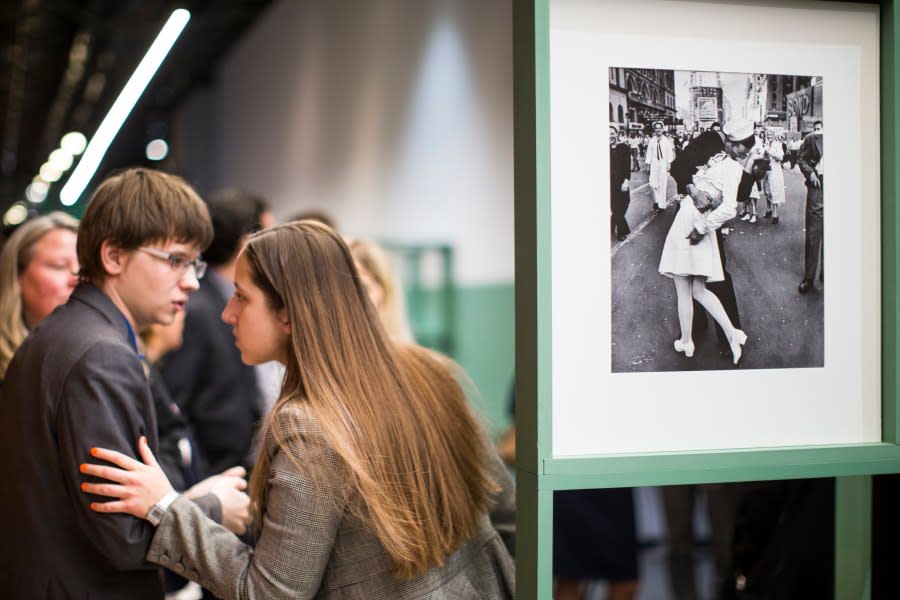 <em>The famous photograph taken by Alfred Eisenstaedt of a sailor kissing a nurse in New York’s Times Square on V-J Day.</em> (AP Photo/Alexander Zemlianichenko, File)