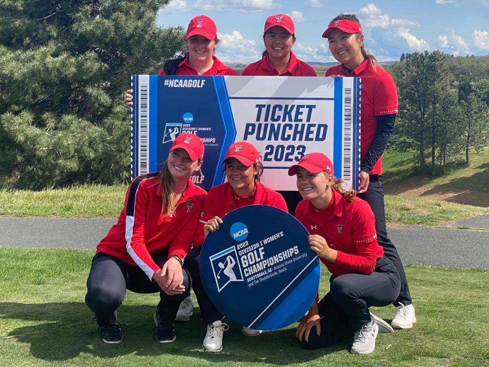Members of the Texas Tech women's golf team celebrate qualifying for the NCAA championship tournament after their fifth-place finish Wednesday at the NCAA Pullman Regional. Bottom row, left to right, are Libby Fleming, Gala Dumez and Chiara Horder. Top row, left to right, are Lauren Zaretsky, Shannon Tan and Anna Dong.