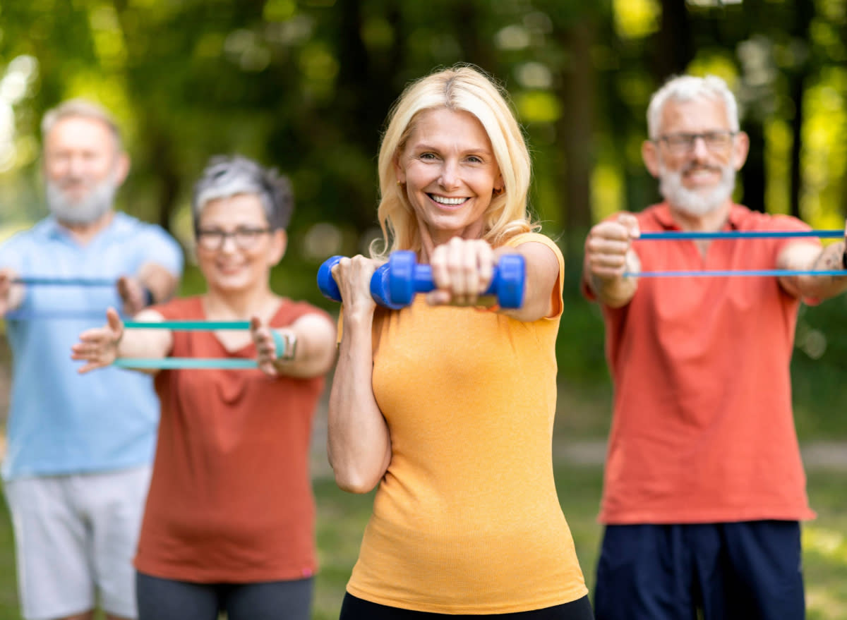 senior group demonstrating strength exercises for seniors