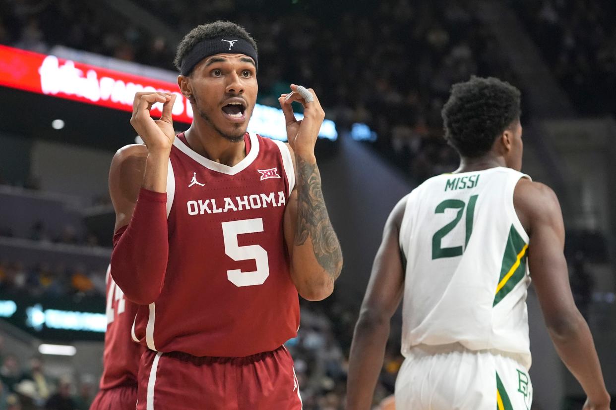 Oklahoma guard Rivaldo Soares (5) reacts to call, next to Baylor center Yves Missi (21) during the second half of an NCAA college basketball game Tuesday, Feb. 13, 2024, in Waco, Texas. (AP Photo/LM Otero)