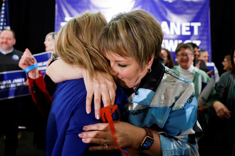 Janet Protasiewicz celebrates after the race was called for her during her election night watch party in Milwaukee, Wisconsin