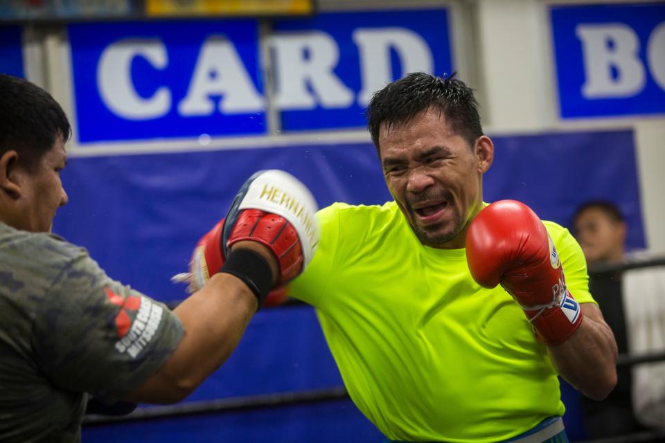 Filipino boxer Manny Pacquiao attends an afternoon training session at Wild Card Boxing in Los Angeles on June 20, 2019. - Veteran trainer Freddie Roach says Manny Pacquiao has rediscovered his aggressive streak as the one-month countdown to his battle with welterweight champion Keith Thurman got under way on June 20. (Photo by Apu Gomes / AFP)        (Photo credit should read APU GOMES/AFP/Getty Images)