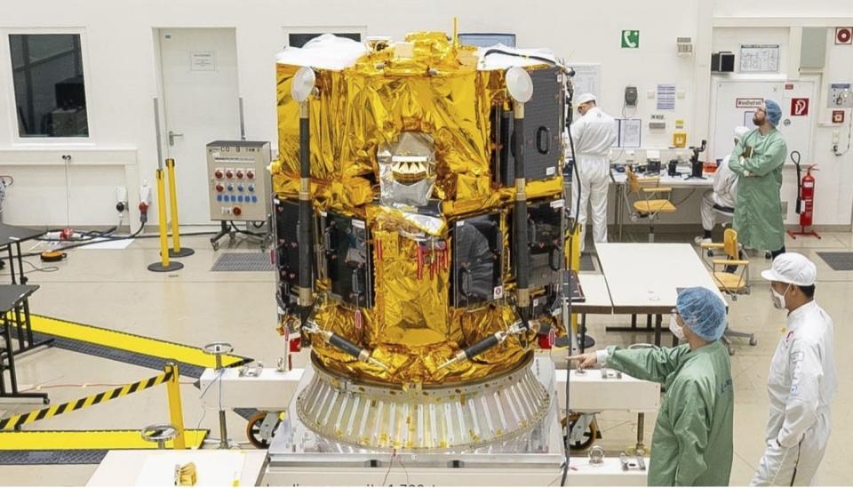 In this photo provided by ispace, inc., ispace engineers and affiliates work on the flight model of the HAKUTO-R Mission 1 Lunar Lander at the IABG Space Test Centre in Ottobrunn, Germany, in August 2022. A Japanese company’s spacecraft apparently crashed while attempting to land on the moon Wednesday, April 26, 2023, losing contact moments before touchdown and sending flight controllers scrambling to figure out what happened. (ispace, inc. via AP)