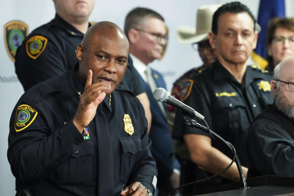 Police Chief Troy Finner speaks to the media in the aftermath of the shooting at Lakewood Church during a news conference at police headquarters on Monday, Feb. 12, 2024, in Houston. (Brett Coomer/Houston Chronicle via AP)