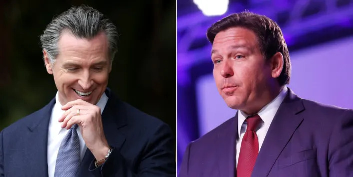 California Gov. Gavin Newsom speaks during a news conference, Florida Governor Ron DeSantis speaks during the inaugural Moms For Liberty Summit.