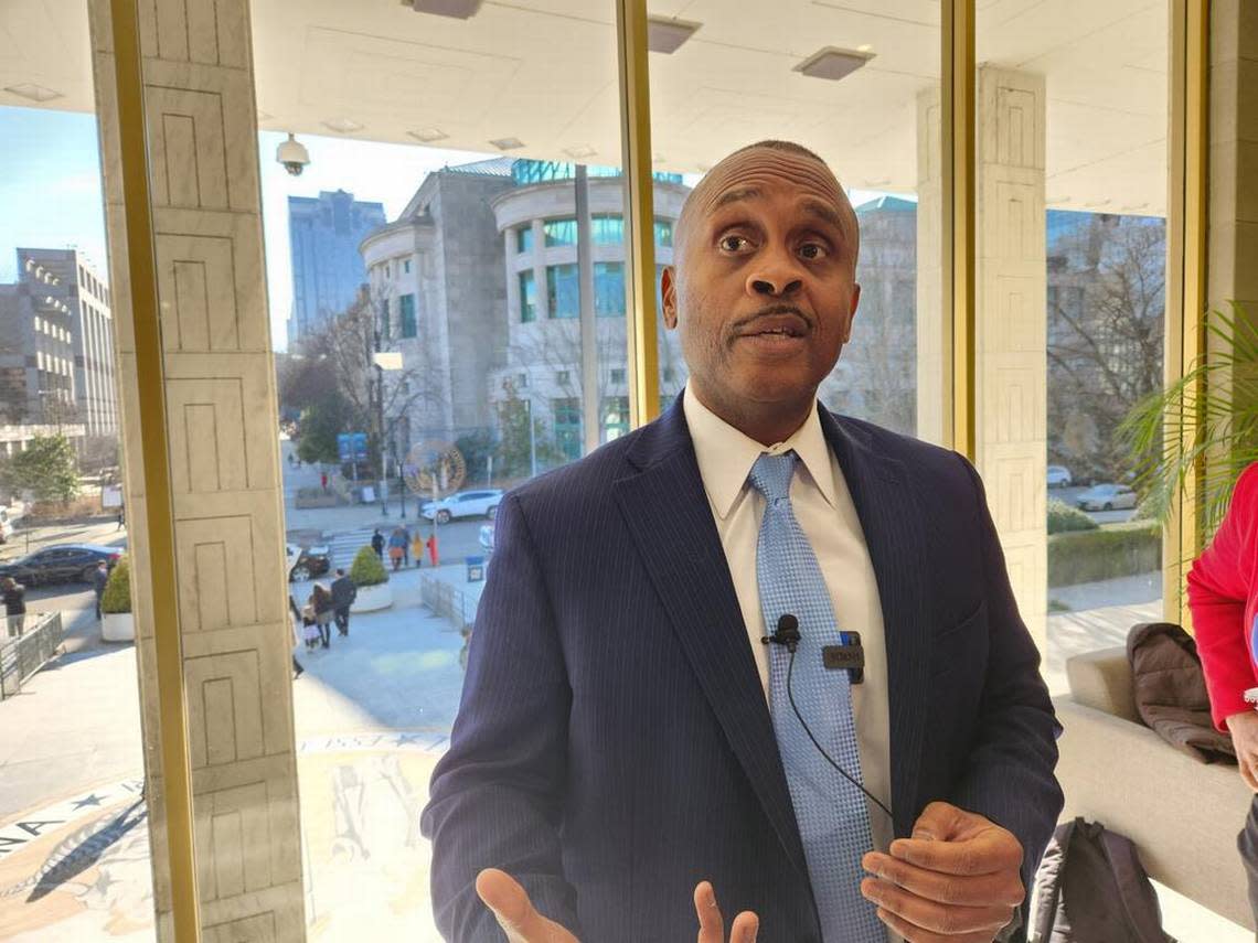 House Democratic Leader Robert Reives, of Chatham County, pictured while he talks to reporters at the Legislative Building in downtown Raleigh, N.C. in January 2023.