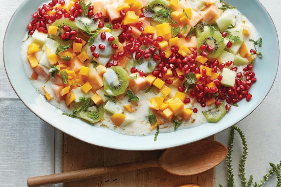 Kiwi, persimmons, cantaloupe, honeydew—and of course, sweet pomegranates—get dressed in a minty coconut vinaigrette. Honestly, this dish is a pleasure for all of the senses. <a href="https://www.epicurious.com/recipes/food/views/winter-fruit-kefir-salad?mbid=synd_yahoo_rss" rel="nofollow noopener" target="_blank" data-ylk="slk:See recipe.;elm:context_link;itc:0;sec:content-canvas" class="link ">See recipe.</a>