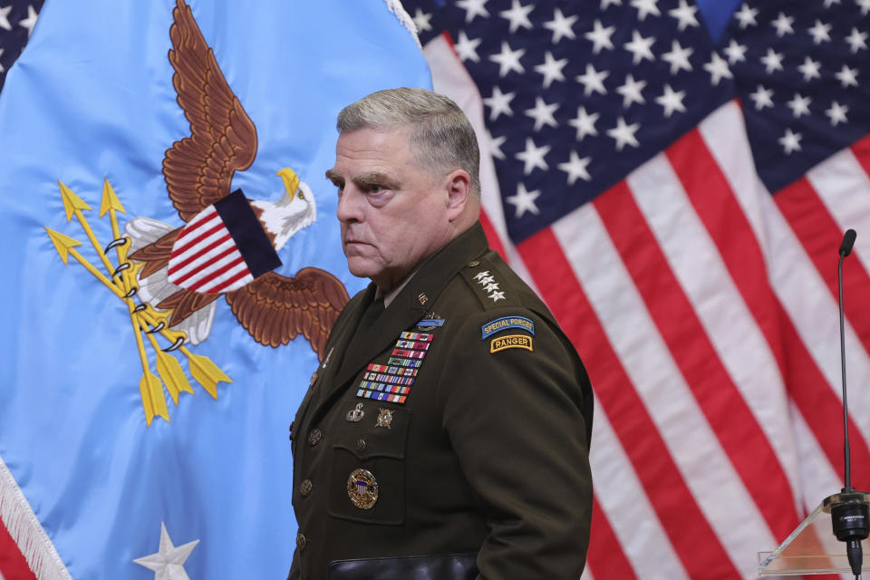 Chairman of the Joint Chiefs of Staff Gen. Mark Milley leaves after a media conference after a meeting of NATO defense ministers at NATO headquarters in Brussels, Wednesday, Oct. 12, 2022. (AP Photo/Olivier Matthys)