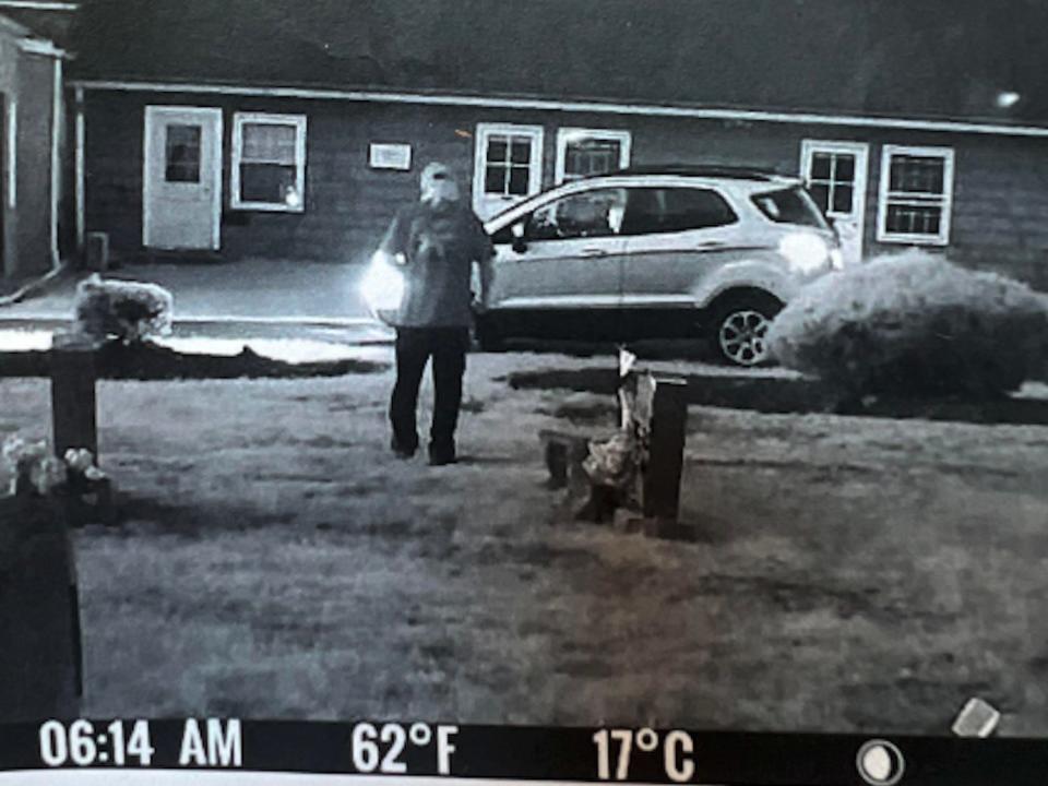 Grainy footage from a trail camera shows a man approaching Linda Torello's grave.