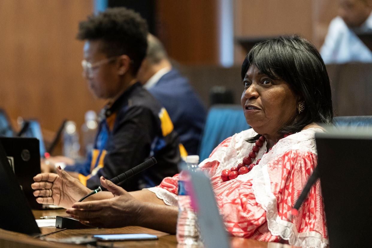 Detroit Reparation Task Force executive committee member JoAnn Watson speaks during a meeting at Coleman A. Young Municipal Center in Detroit on Thursday, April 13, 2023.