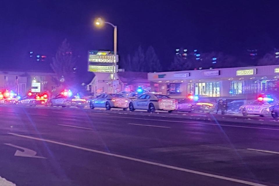 Police cars along strip mall in Colorado Springs where the shooting took place (Twitter @Treyruffy via REUTERS)