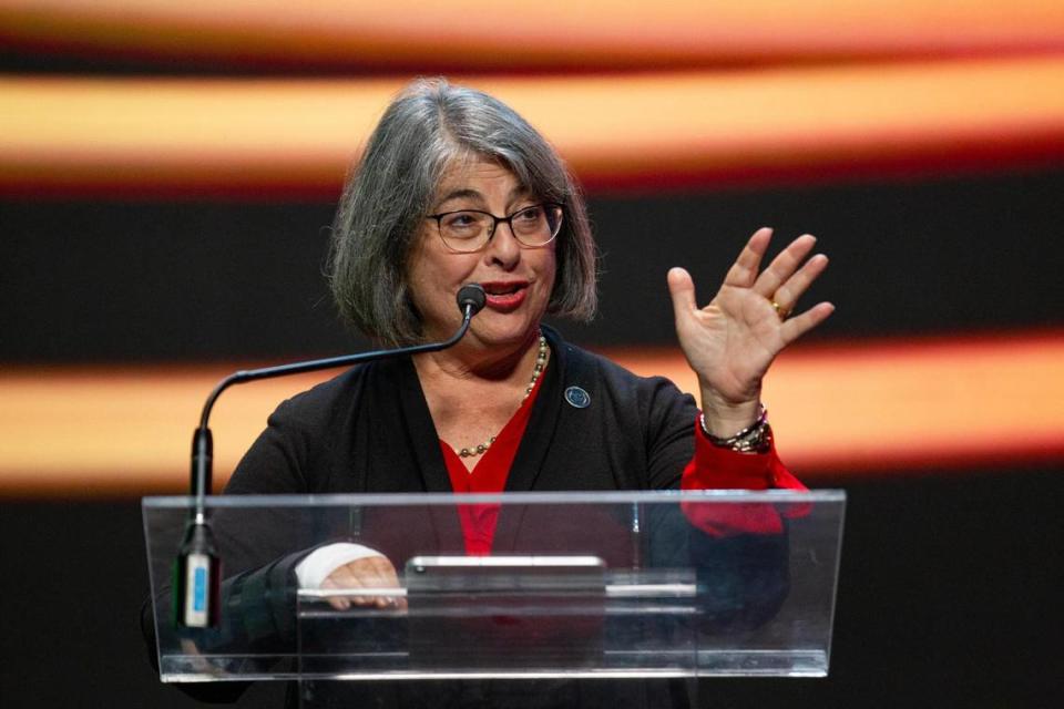 Miami-Dade County Mayor Daniella Levine Cara speaks during the unveiling of the Virtual Production LED Wall that is a the result of a collaboration between GRUP MEDIAPRO and BrandStar Studios on Tuesday, June 20, 2023 at the Mediapro studio in Medley, FL.