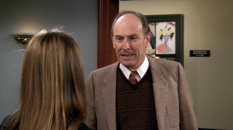 Paxton Whitehead as Mr. Waltham and Jennifer Aniston as Rachel in Friends episode 